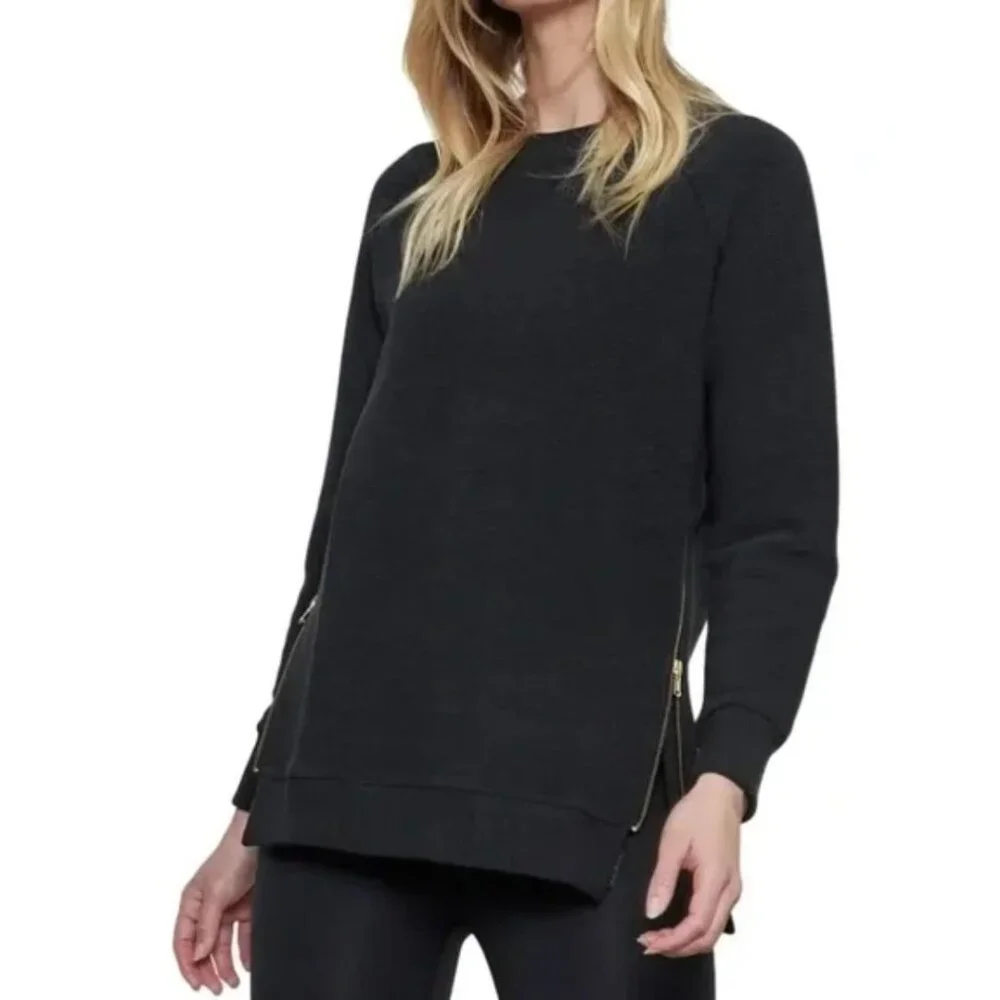 NWT Varley Manning Sweatshirt XS Black Side Zippers Long Sleeve‎ Ribbed Crewneck